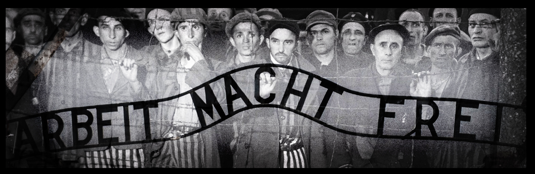 Коллаж: узники Бухенвальда и надпись «Arbeit macht frei». На основе фотографии Маргарет Бурк-Уайт, 1945 год. Автор коллажа не установлен.
