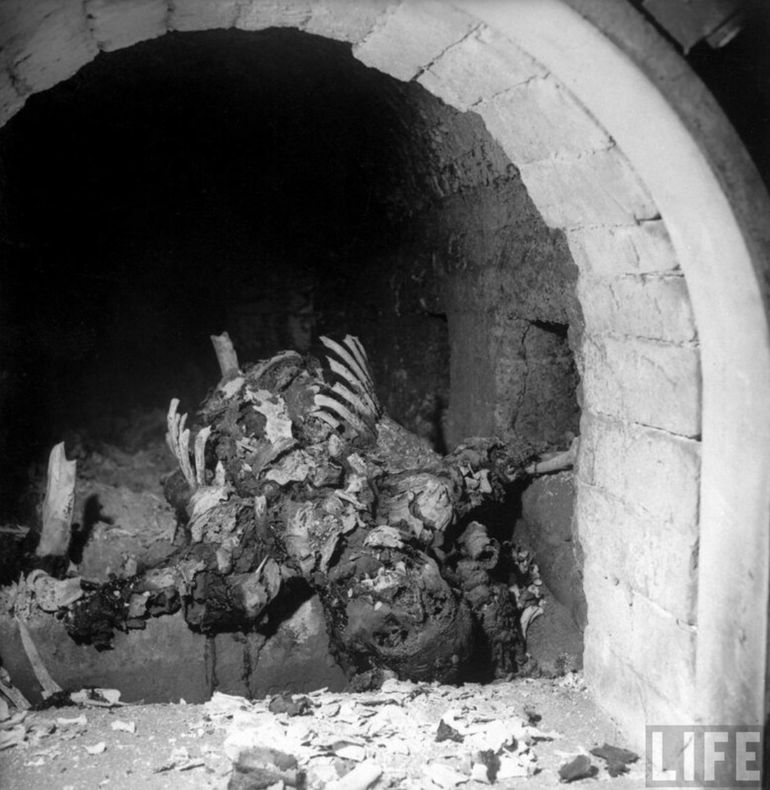 Останки жертв в печи крематория. Бухенвальд, 1945 год.